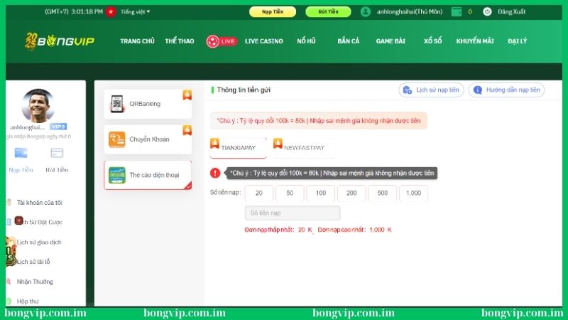 Nạp tiền Bongvip - Hướng dẫn quy trình cực kỳ tiện lợi 3 Hướng dẫn nạp tiền qua thẻ cào điện thoại tại Bongvip